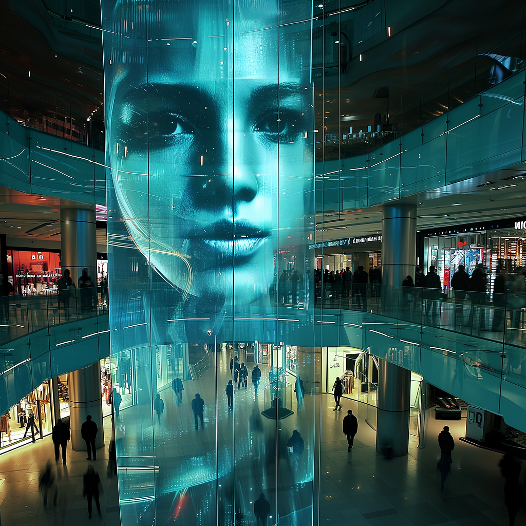 A large holographic display in a shopping mall illustrating the cutting-edge technology in future retail environments, AI-Generated using Midjourney.