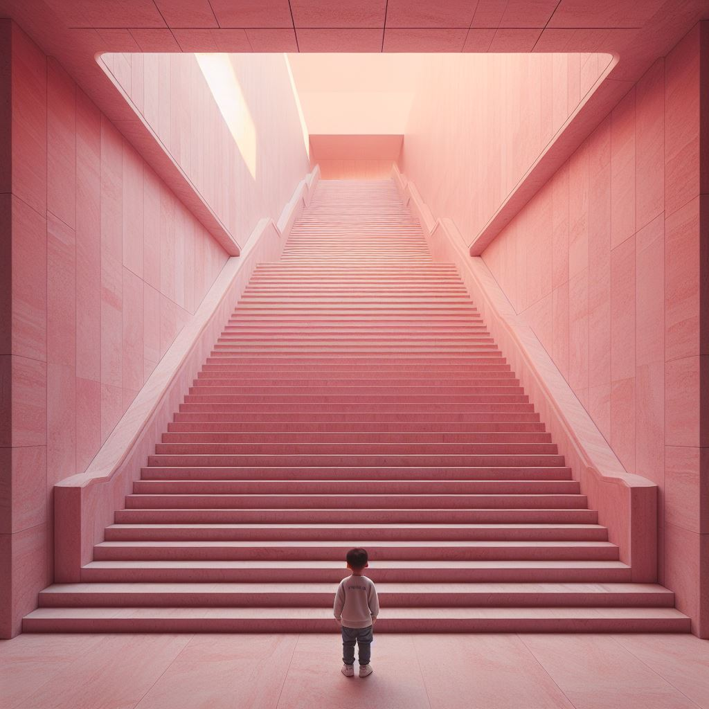 A long pink marble staircase outside a modern building. The steps are broad and there are five flights of steps to the top. Viewed from the bottom of the steps a small boy looks at the bottom step wondering if they can get to the top. The lighting is a warm soft pink glow.