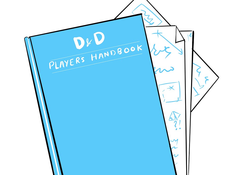 Image of a D&D Player Handbook and some papers with scribbled notes