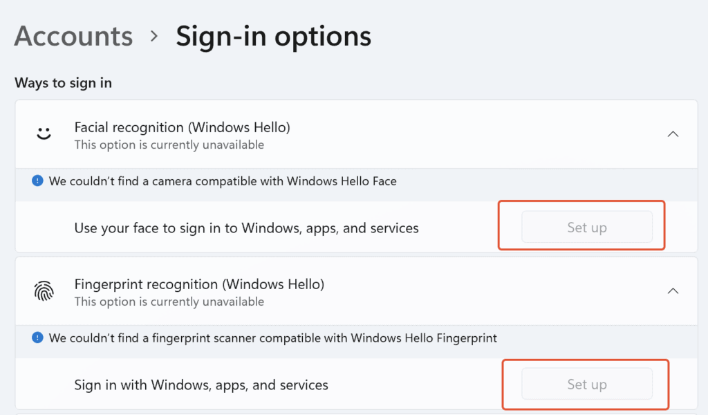 Click on ‘Set up’ to set the ‘Fingerprint recognition’