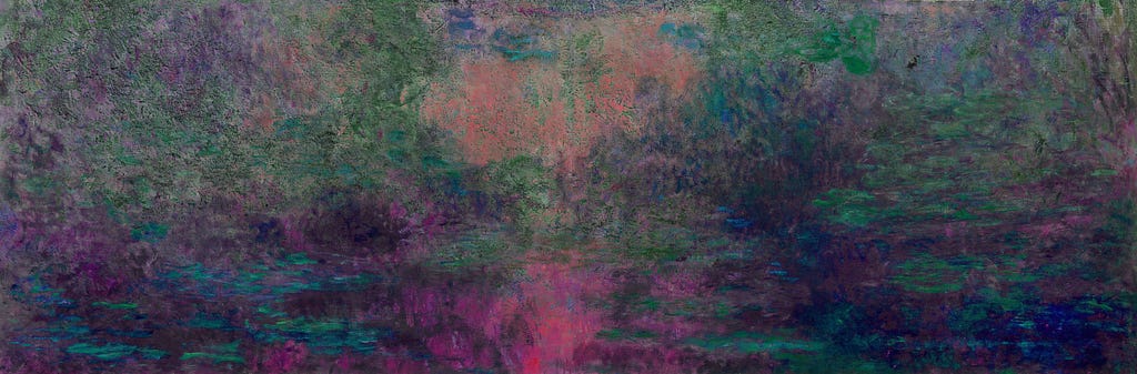 a semi-abstract painting of greens and pinks roughly resembling a water lily pond with water lilies reflecting a twilight sky