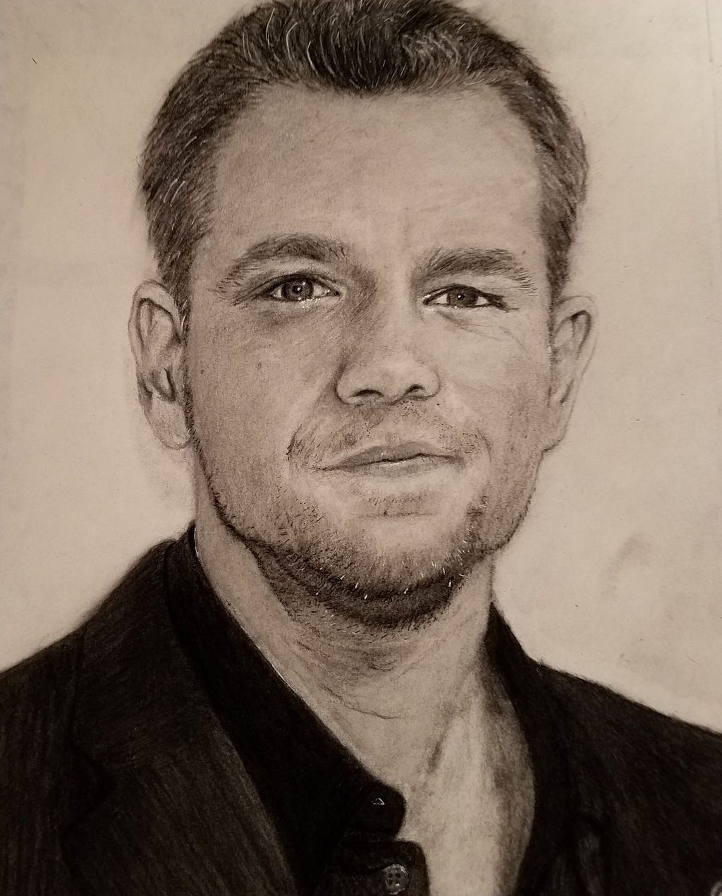 A completed pencil drawing of the actor Matt Damon