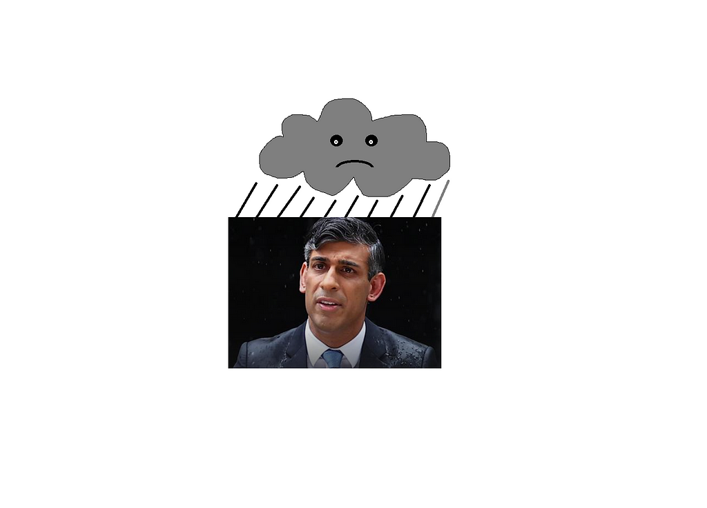 Photo of Rishi Sunak getting soaked during speech with cloud raining above.