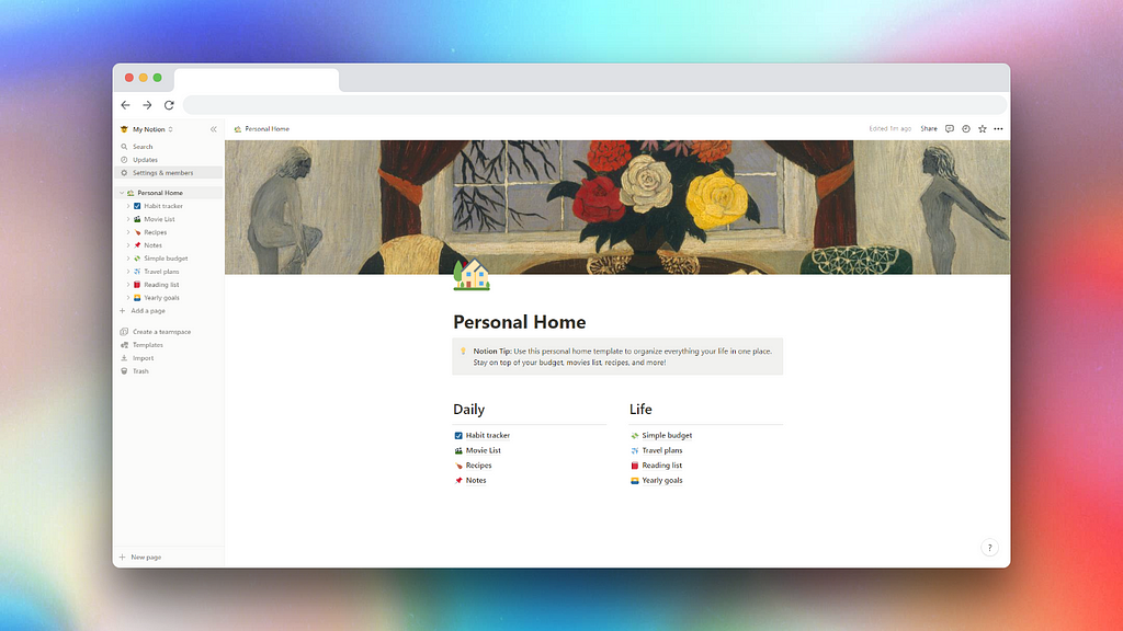 This image shows a Notion dashboard called “Personal Home” with sub pages like “Habit tracker”, “Budgets”, “Reading list” and more.