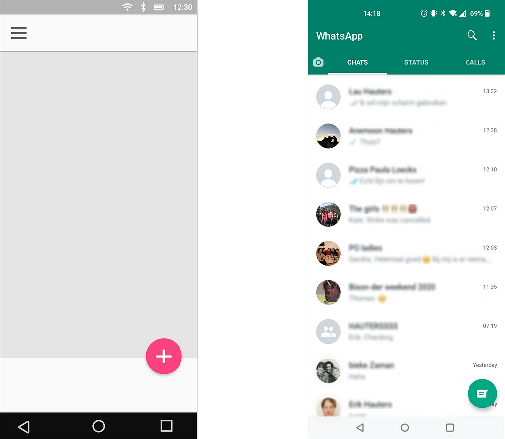 Two images showcasing the FAB or floating action button. On the left it is is a highly abstracted illustration of the FAB. On the right, a screenshot of Whatsapp.