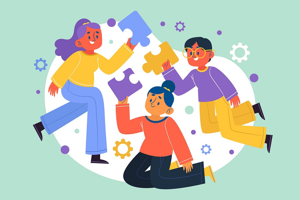 Cartoonish illustration of three people working together to combine puzzle pieces.