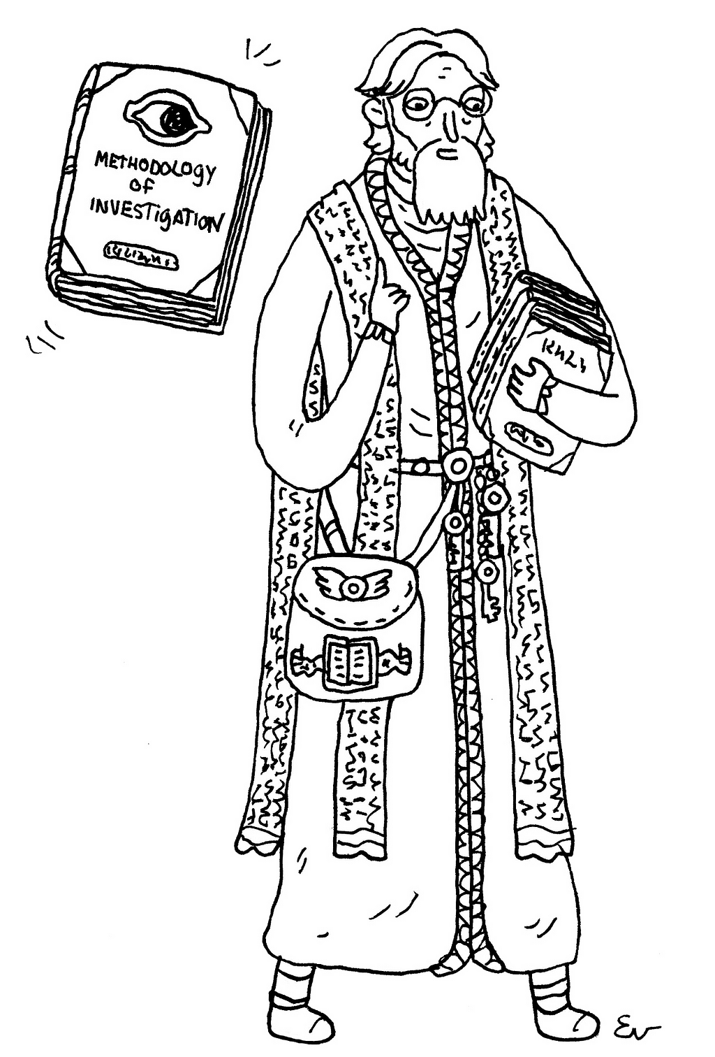 A man in robes carrying several books. One is called Methodology of Investigation.
