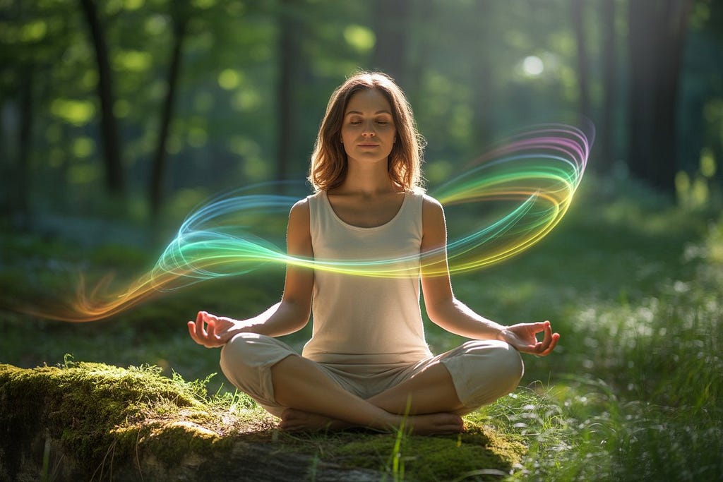 woman meditating in the woods merging her essence with everything