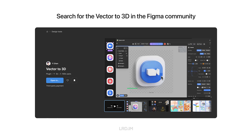 A screenshot of the Figma plugin ‘Vector to 3D’ interface shows how to search for and open the plugin page in the Figma community, with the right side displaying the plugin interface during the 3D conversion process.