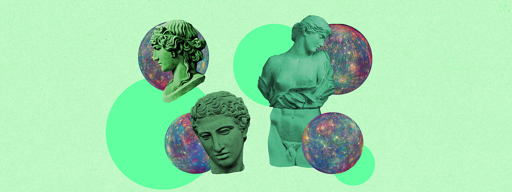 Figuras que remetem à esculturas da Grécia Antiga junto com imagens de planetas. O fundo da imagem é verde claro.