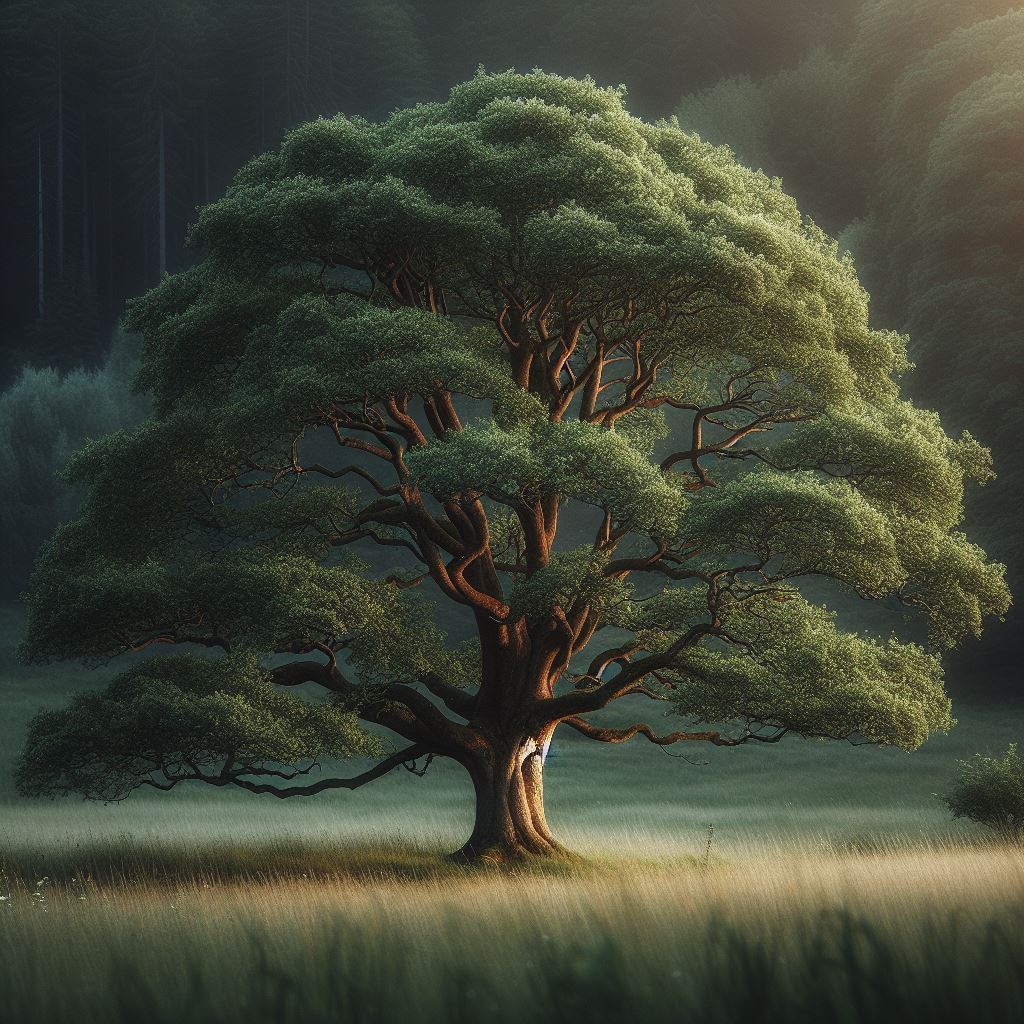 A lush green branchy tree with a thick trunk. The tree stands alone in a grassy meadow. The branches almost touch the grass. The lighting is a soft evening glow from a setting sun.