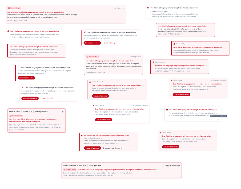 Iterations of error message cards, with varied colour usage, iconography, hierarchy and information