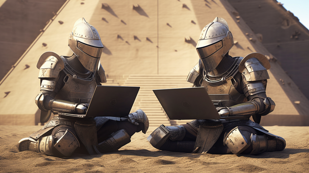 midjourney: Two computer programmers in full Samurai body armor with laptops for swords, hugging each other in front of the piramids of Giza. — ar 16:9 — stylize 100