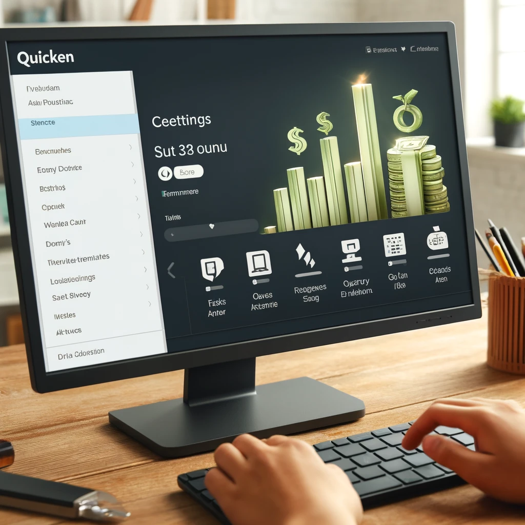 A computer screen showing Quicken software, highlighting the settings menu