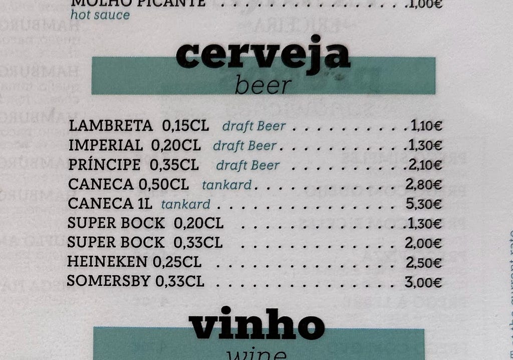 An excerpt from a menu that includes the listings for cerveja.