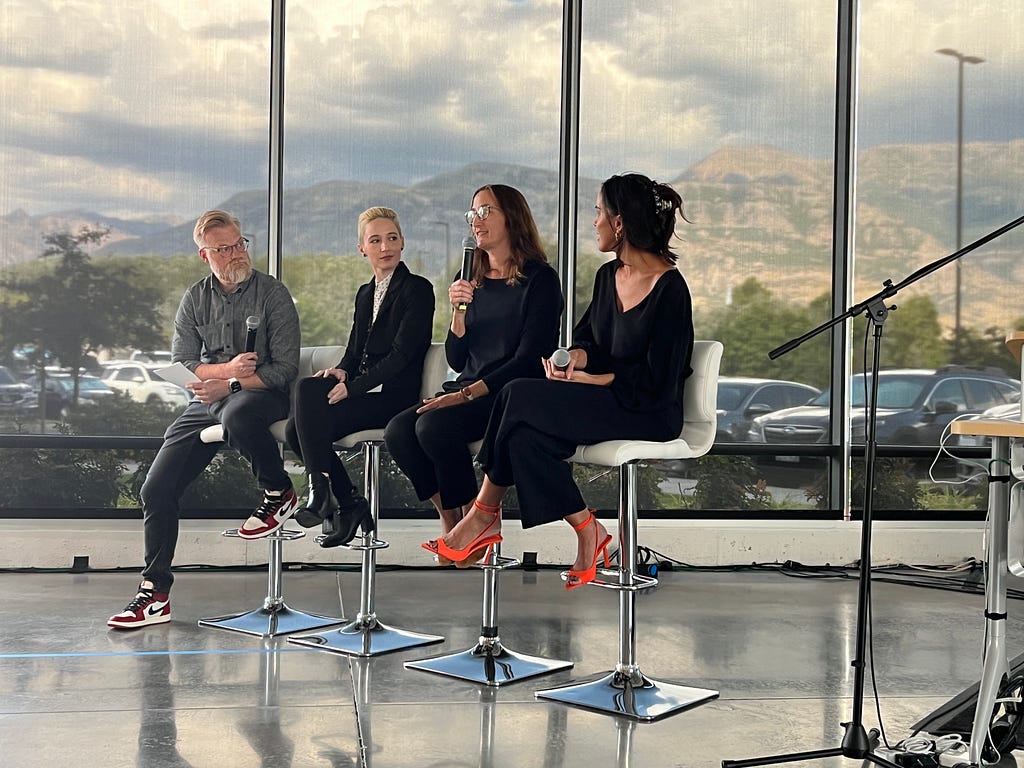 Left to right: Mark Maughan (Chief Analytics Officer, Domo), Anna Bell (University of Utah), Amy Heinrich (VP of Data, Pluralsight), and Joanna Fankhauser (SVP, Instructure) speak from industry and academia on the need for data education in K-12.