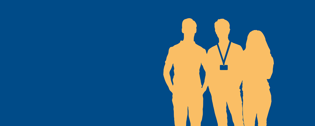 Blue background with a yellow silhouette of 3 volunteers standing next to each other. The volunteer in the middle is wearing a lanyard.