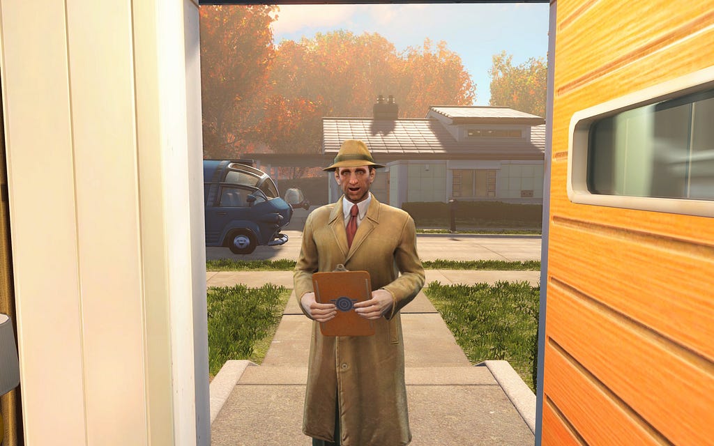 Screenshot from Fallout 4. A Vault-Tec employee stands in the front doorway at the beginning of the game.