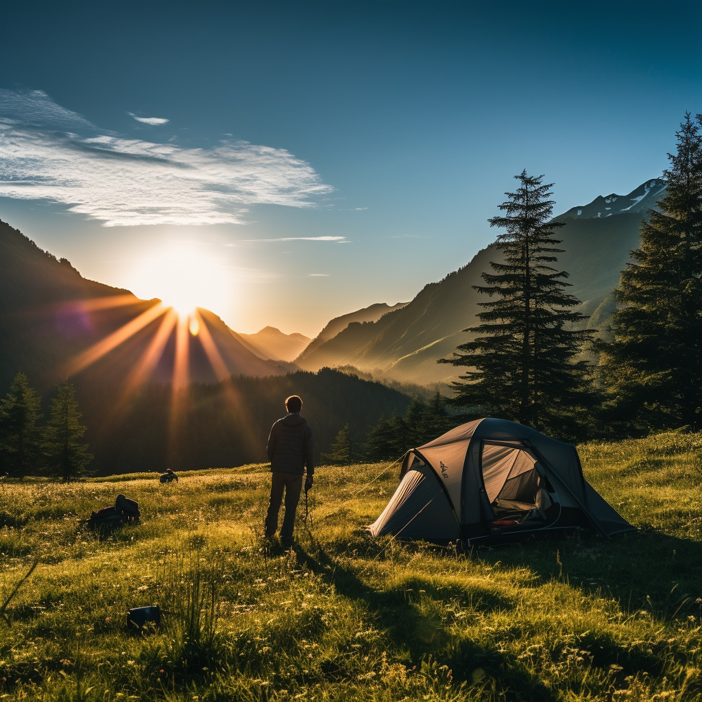 An AI-generated photo of a man camping on a grassy knoll in the foreground, a set of trees in the middle ground, and a mountain in the background. A sun sends “god rays” across the photograph as it rises in the morning against a blue, partially cloudy sky.