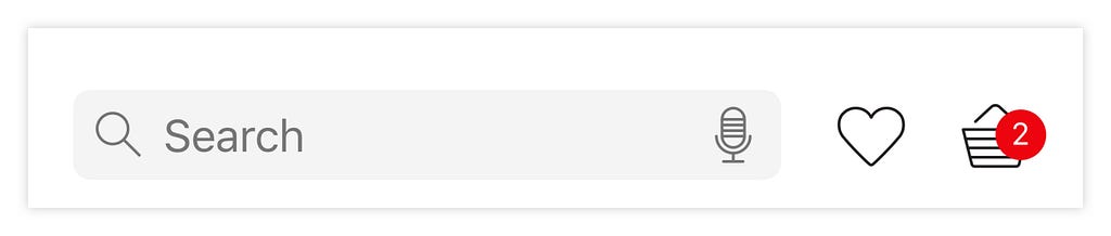 The new app header with the built-in search, loves, basket.