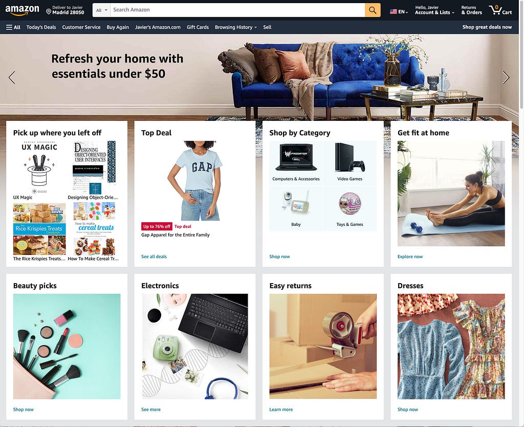Amazon landing page with its tile-based action grid