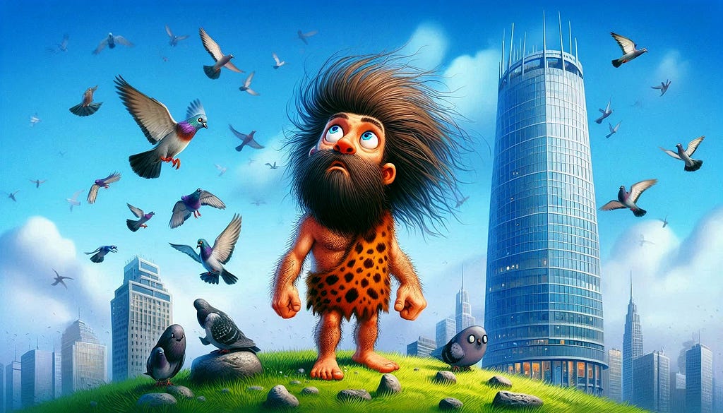 A caveman stands on a hillside just outside a futuristic city, gazing in wonder at the sky and the pigeons flocking nearby.