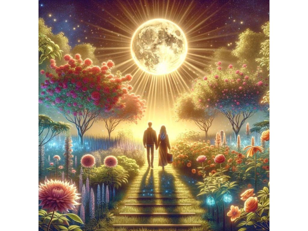 A couple walks through a blooming garden under a waxing moon, symbolizing the nurturing journey towards finding a moon phase soulmate