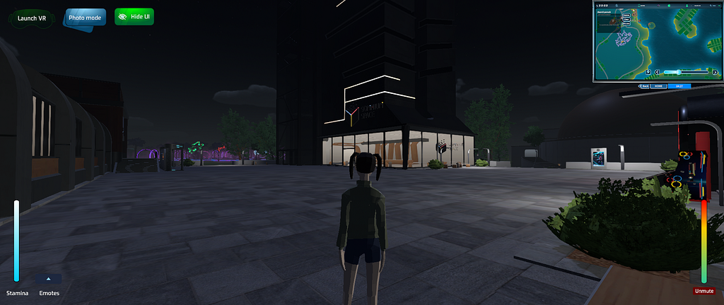 A dimly lit plaza surrounds my hard-edged avatar. The most discernible building has many bright and tall glass panes while the attached structure is so dark that its scale can’t be measured. In the distance, wispy lines of neon purple and green are barely visible past the plaza.