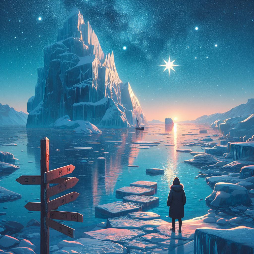 A watery frozen landscape. A ‘north star’ is visible at the top middle of the evening sky. A big ice berg lies in the middle of the water. A person stands on a path of ice in the foreground looking at the star. A signpost has some signboards on it and the top one points up towards the star.