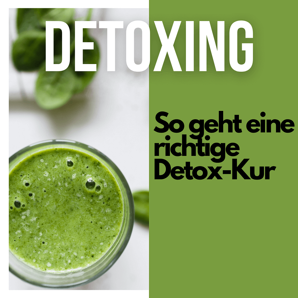 So geht eine richtige Detox Kur, im Vordergrund ein grüner Smoothie der auf einem Tisch steth.