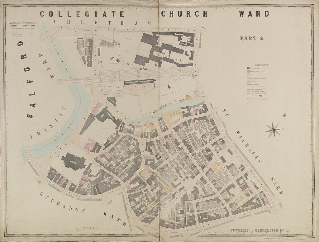 A detailed map of Manchester which shows the area near Manchester Cathedral. Public houses are coloured pink, mills and industrial works are coloured orange. Names of public houses and mill owners also appear on the map.