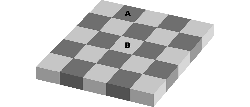 A checkerboard of dark and light squares. Square A is darker than Square B.