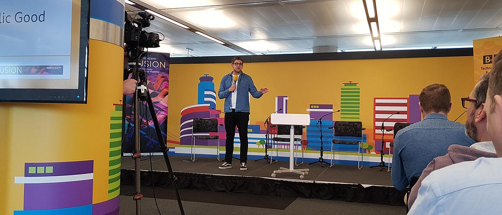 Steffan on the platform at BBC Quay House in Salford.