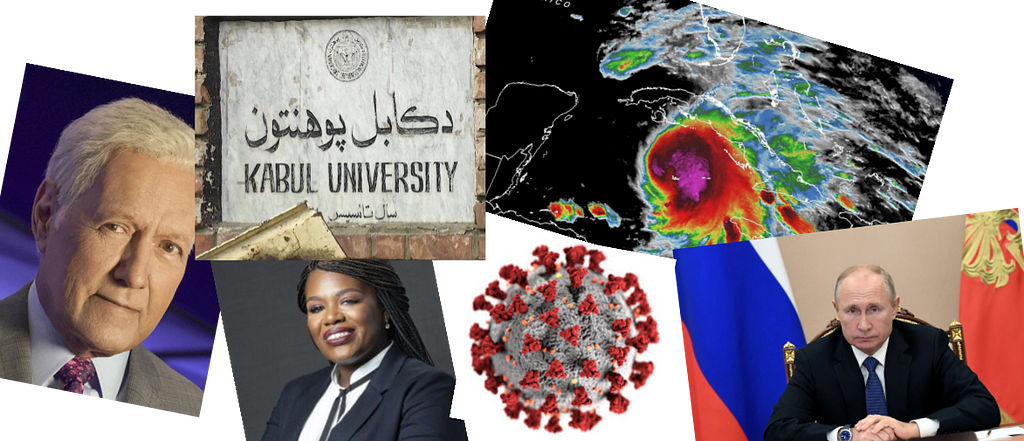 A graphic featuring photos of Cori Bush, Alex Trebek, Covid-19, Vladimir Putin, Kabul University, and Tropical Storm Eta.