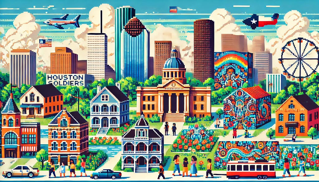 Pixel art showcasing Houston’s cultural and historical landmarks. The scene includes the Houston Museum of Fine Arts, the Buffalo Soldiers National Museum, historic houses in the Heights neighborhood, and vibrant murals of East End. Diverse people are exploring these sites. The artwork uses bright, varied colors to capture the city’s rich heritage and artistic achievements, with clear skies and a few clouds in the background.
