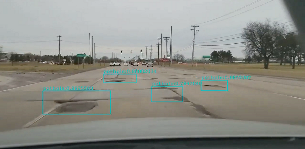Screenshot of potholes detected by a camera installed on a moving vehicles. The potholes are marked with rectangular regions with detection confidence.