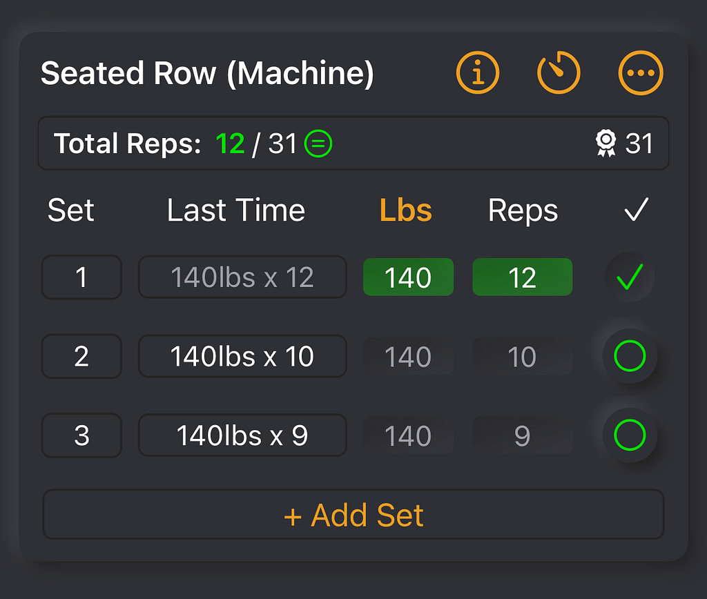 Example exercise showing the reps metrics bar.