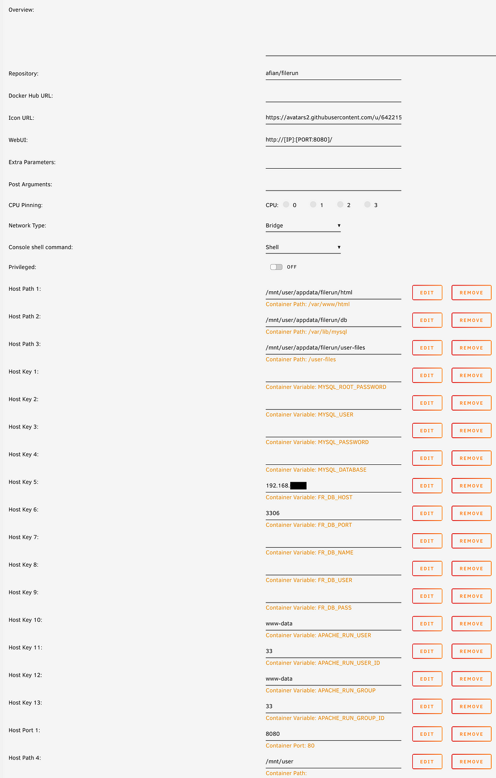 Container setup in unRAID