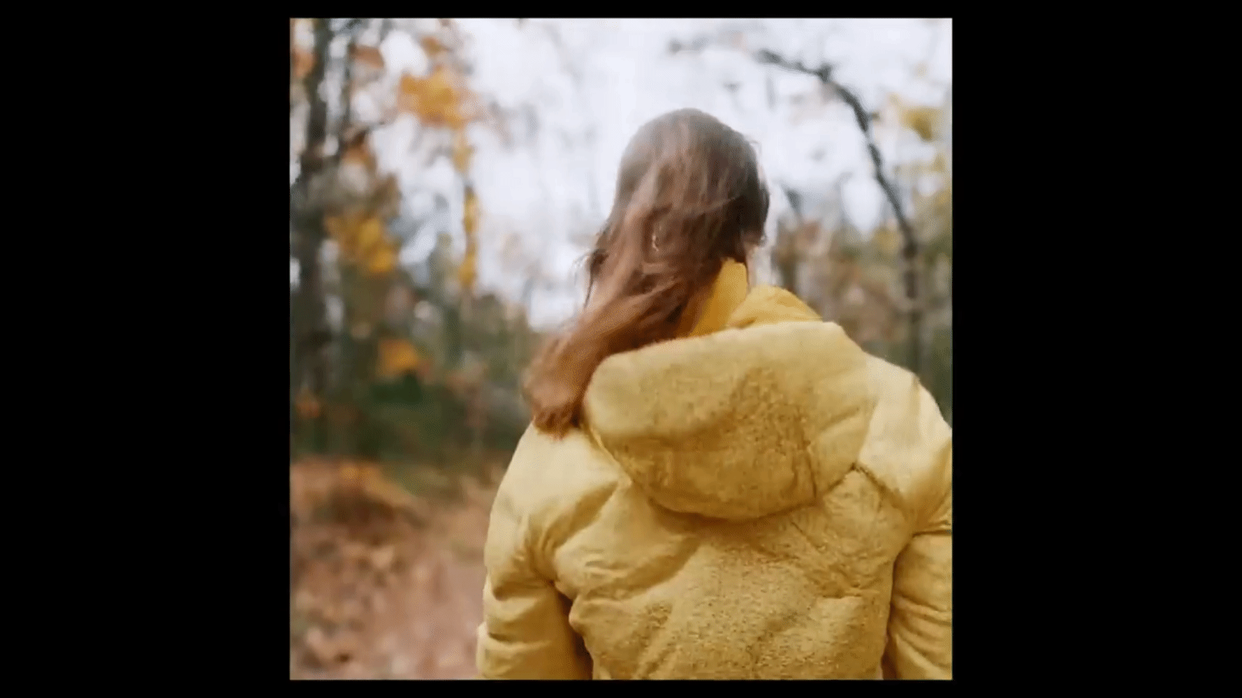 Prompt: Back view on young woman dressed in a bright yellow jacket walk in outdoor forest