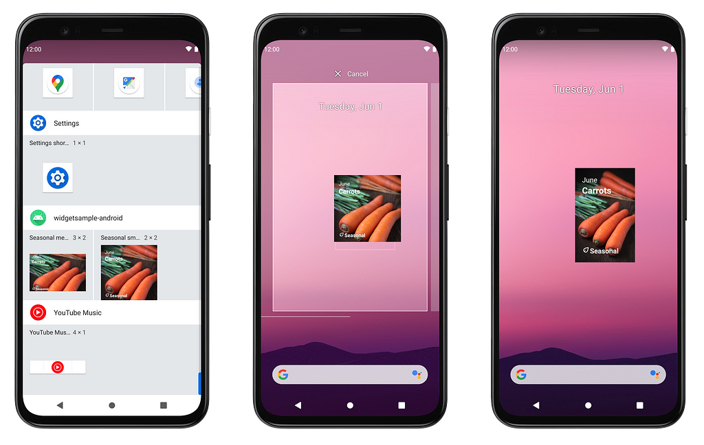 Three screenshots of an Android phone with the widget preview of a widget with the size 2x2, the widget before dropping it on the screen and after dropping it on the screen