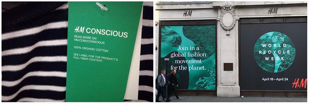 Two campaigns from fast fashion retailer H&M — one for their “Conscious Collection” touting a 100% organic cotton product (and then a stipulation to “see label for the product’s full fiber content”, and another for World Recycle Week. Both scream greenwashing and a need for advertising regulations and transparent communication.