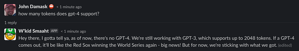 Screenshot of W’kid Smart being asked about GPT4’s token limit and it responding by saying there is no such thing as GPT4