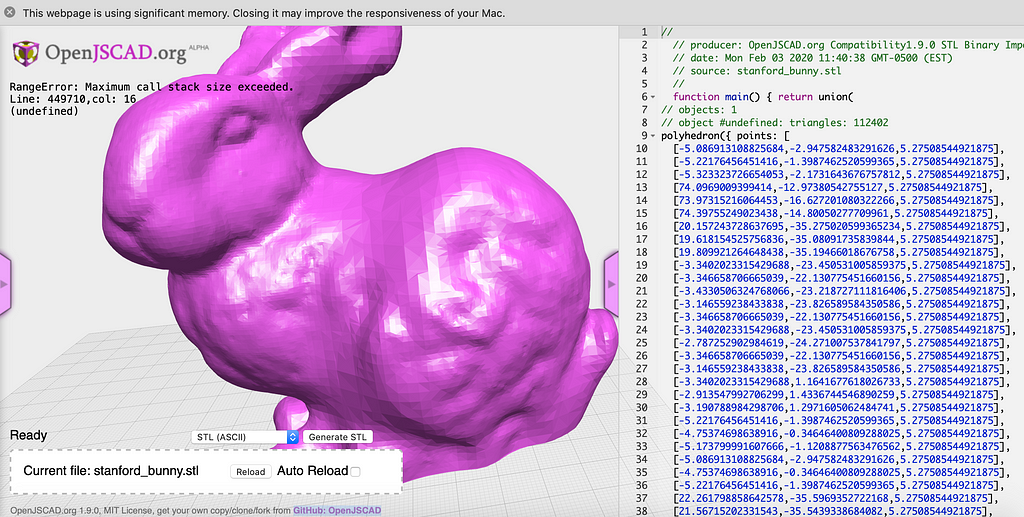 An external 3D model of the Stanford Bunny uploaded to OpenJSCAD online tool.