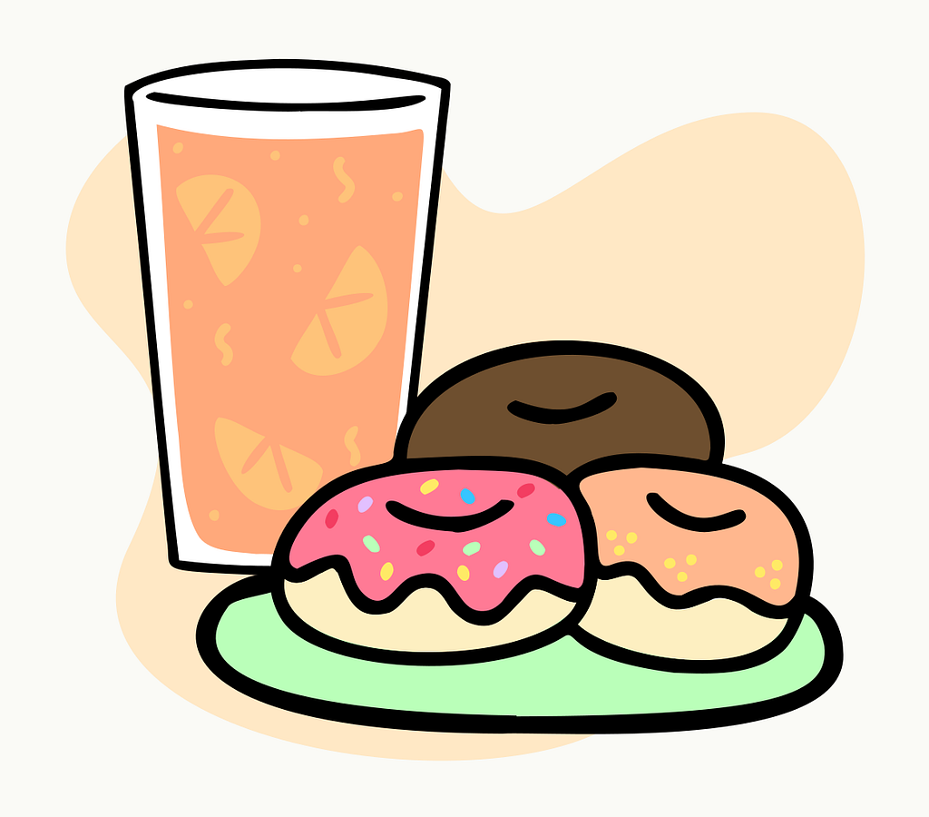 An orange juice and a bunch of donuts