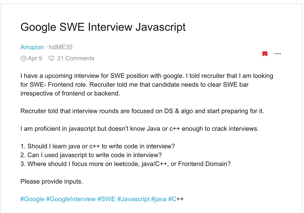 Anonymous person on blind asking if they can use Javascript to crack the coding interview