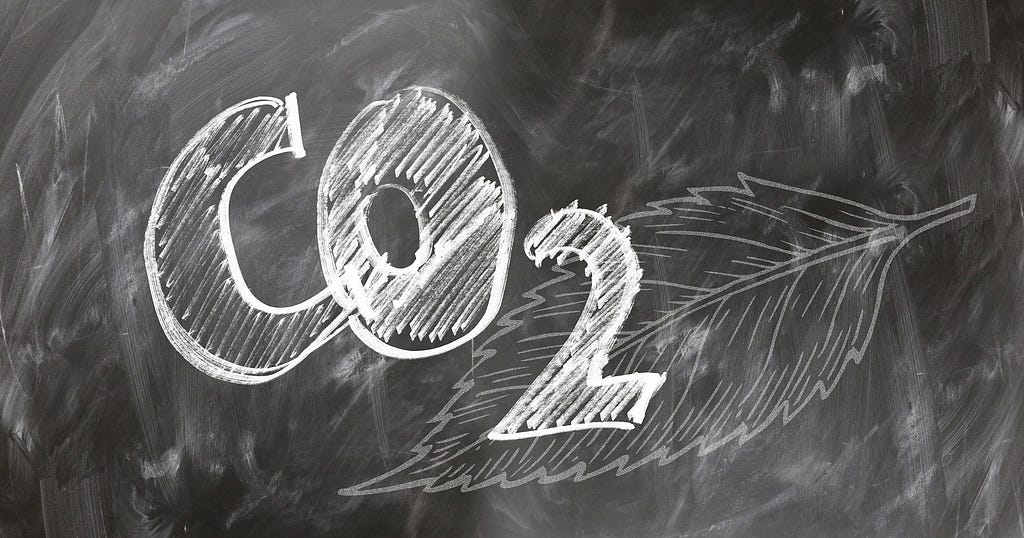 CO2 written on a blackboard with a leaf