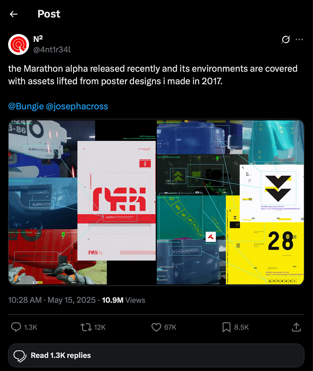 A screencap from X comparing the strikingly obvious similarities between the work of the independent ANTIREAL account and the artwork used in the Marathon video game