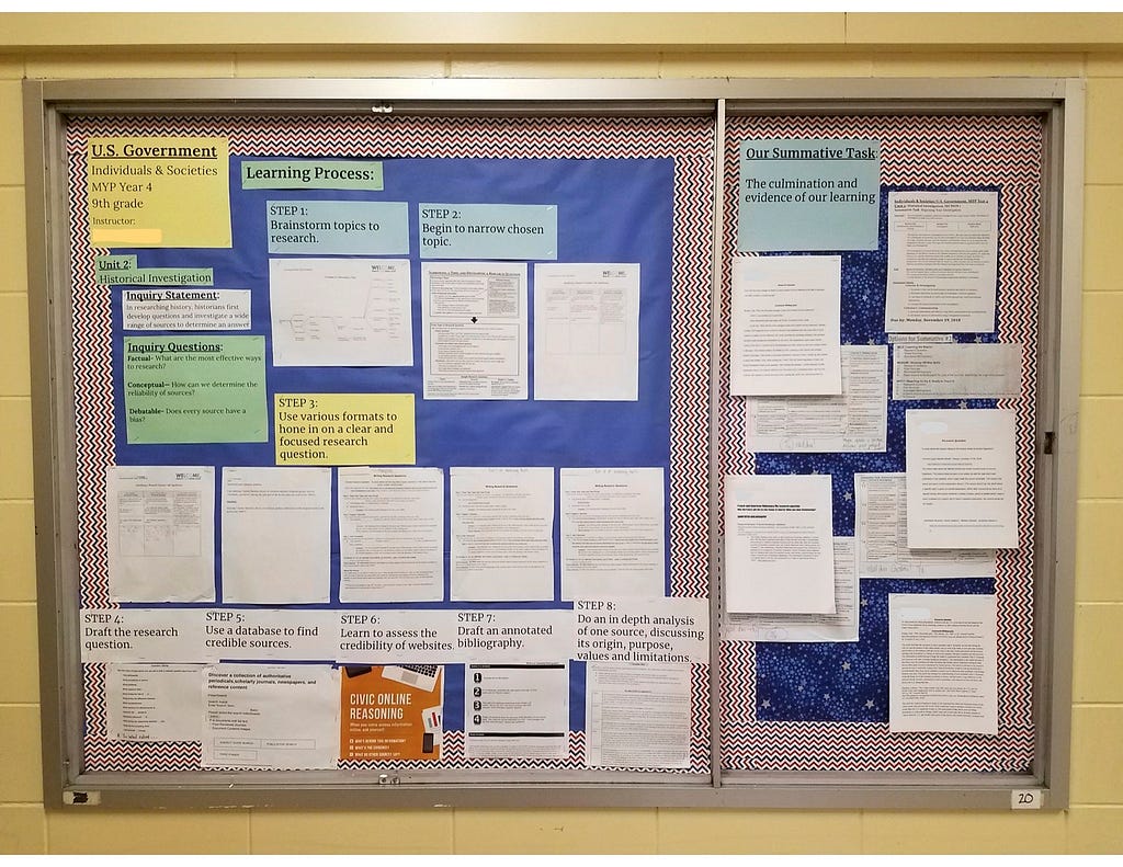Bulletin Board showing high school student work and process with historical investigation.