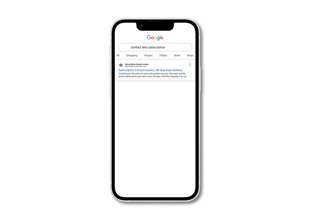 A phone on a white background. It has a screen mockup of a Google search result for “contact lens subscription.”