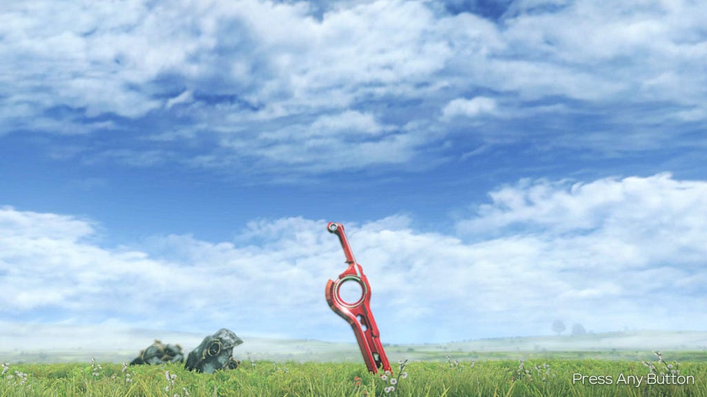 A screenshot from the title screen of Xenoblade Chronicles: Definitive Edition showing the Monado in a field of grass during the day time.